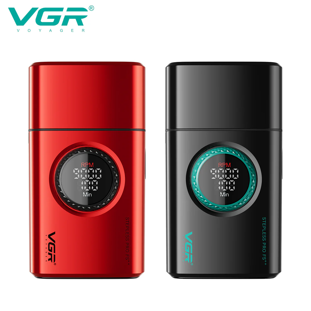 VGR V-377 Stepless Pro FS++ shaver in black with a mint-teal ring and red with a black ring, side by side